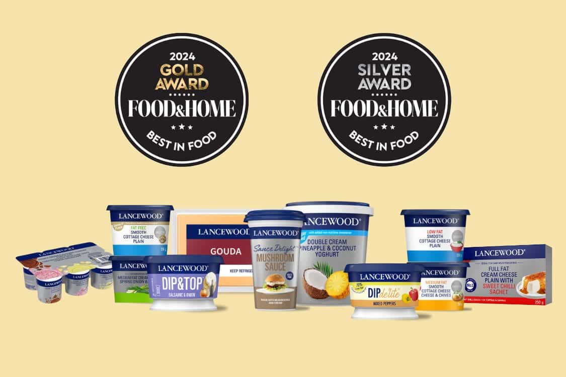 Proudly South African and World Renowned: LANCEWOOD®’s Award Journey LANCEWOOD®’s 2024 Food & Home Gold and Silver Award-winning products, including cottage cheese, yoghurt, dips, sauces and cheeses displayed beneath the official award badges.