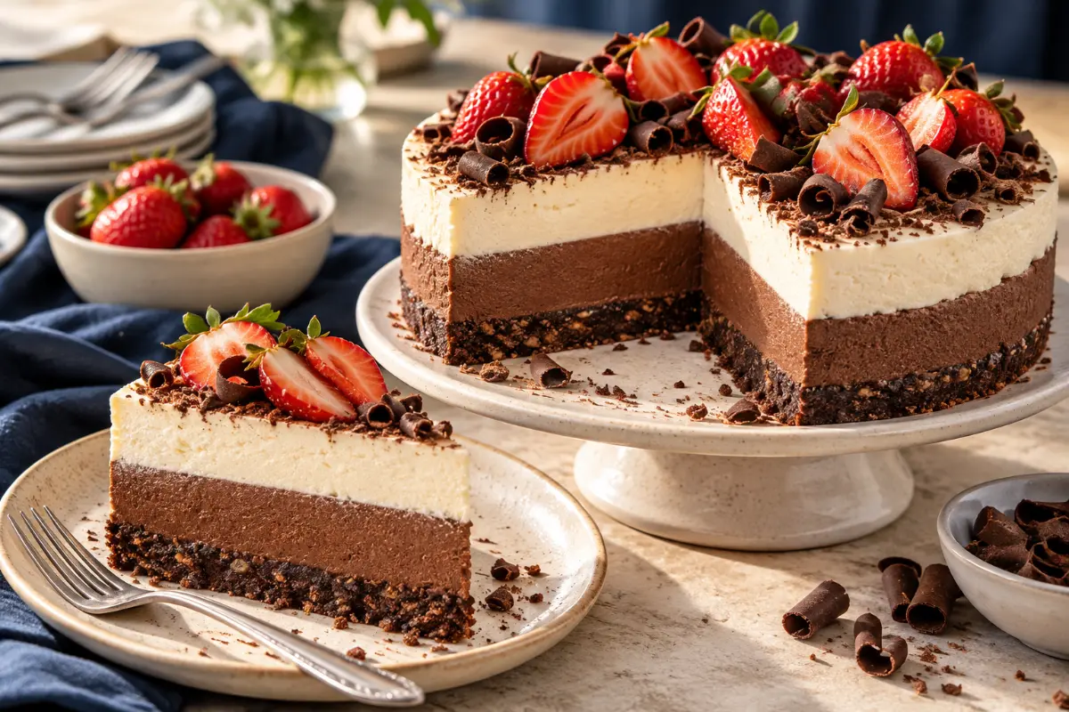 LANCEWOOD® Chocolate Cheesecake with Romany Creams biscuit base, white chocolate mousse, fresh strawberries and dark chocolate curls