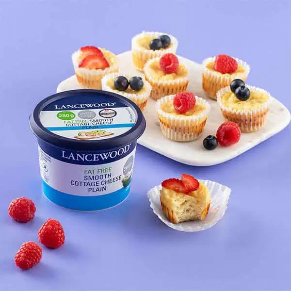 Top 10 Cottage Cheese Recipes: Delicious High-Protein Meals Mini cottage cheese cheesecake bites topped with berries, an easy cheesecake recipe using LANCEWOOD® Fat Free Cottage Cheese