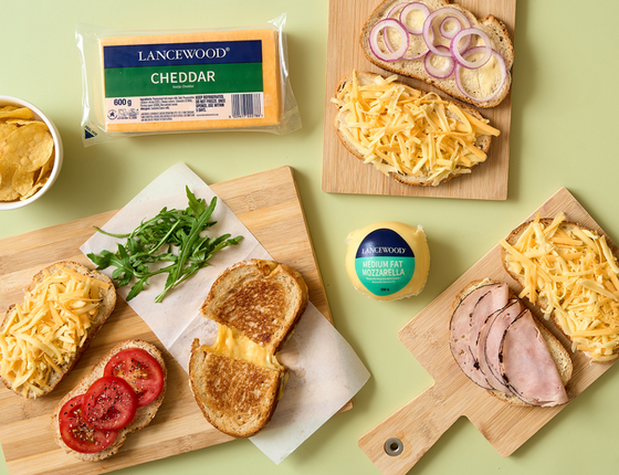Golden toasted cheese sandwich with melted mozzarella and cheddar