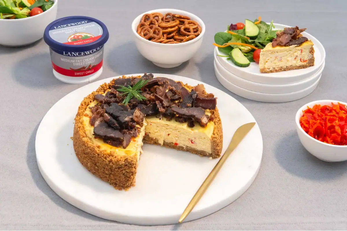 9 Decadent Winter Dessert Recipes and 1 Savoury Cheesecake Twist Savoury sweet chilli cheesecake topped with sliced biltong and served with salad
