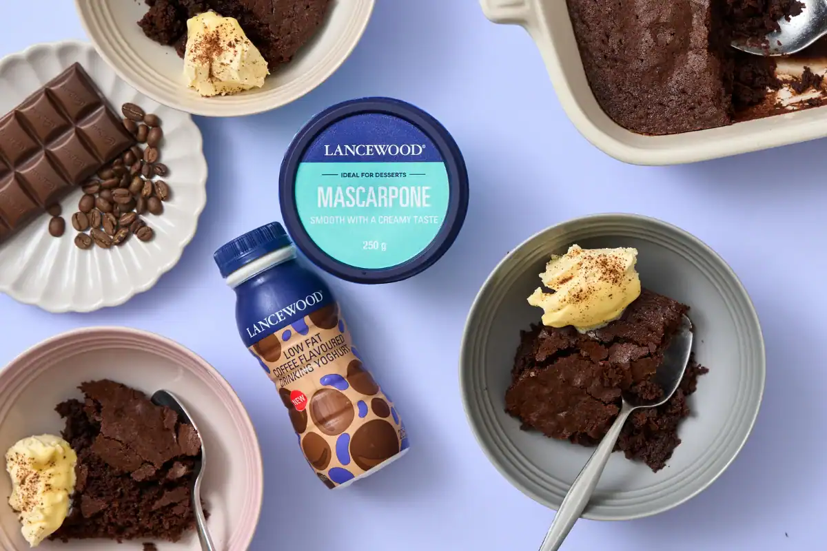 9 Decadent Winter Dessert Recipes and 1 Savoury Cheesecake Twist Warm chocolate and coffee brownie pudding served with LANCEWOOD® Mascarpone